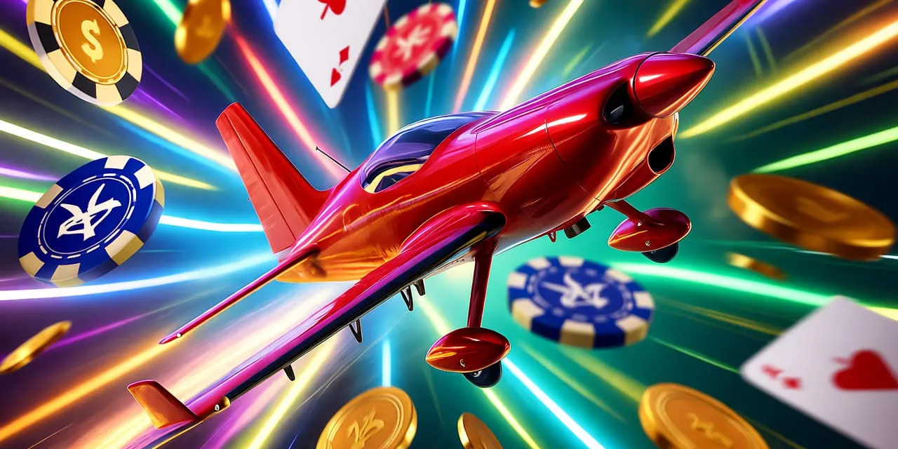The Aviatr game red airplane flying among glowing poker chips, playing cards, and bright casino lights
