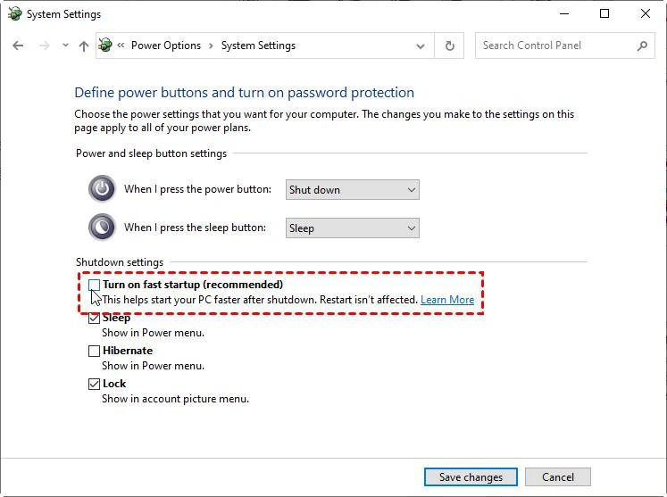 Windows Power Options with the Fast Startup checkbox highlighted.