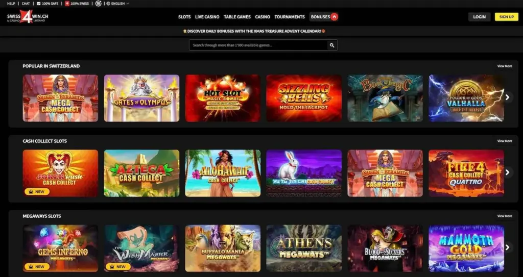 Umfangreiche Casino-Lobbys mit Slots, Live-Spielen und Schweizer Bonusbereichen.