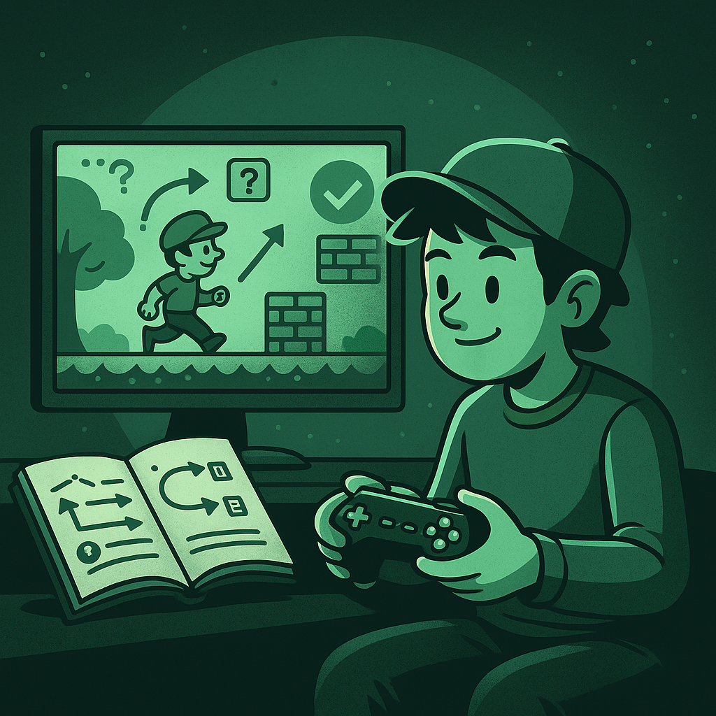 A young gamer studies a level guidebook while playing a retro-style game on a green-lit screen, symbolizing in-depth walkthroughs and player-focused help.