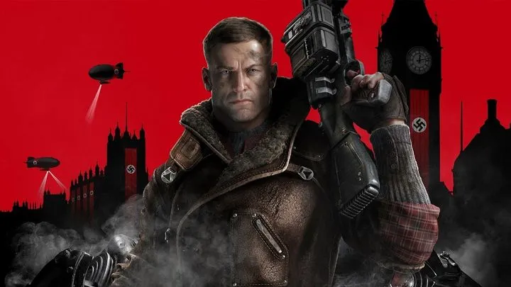 A fictional resistance fighter holding a rifle in front of a red background with Nazi-occupied London, including Big Ben, airships, and swastika banners.