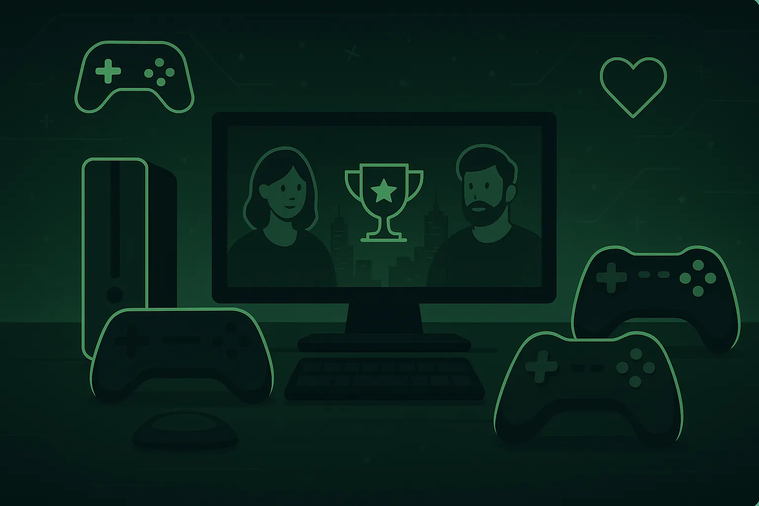 A digital illustration of a gaming setup with two characters and a trophy on-screen, surrounded by controllers and icons in a green neon theme.