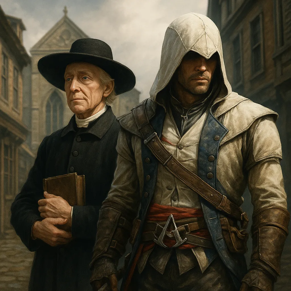 A stoic assassin in a white hood stands beside an elderly Quaker in black robes holding a book, both in a European street scene with a stone church behind them.