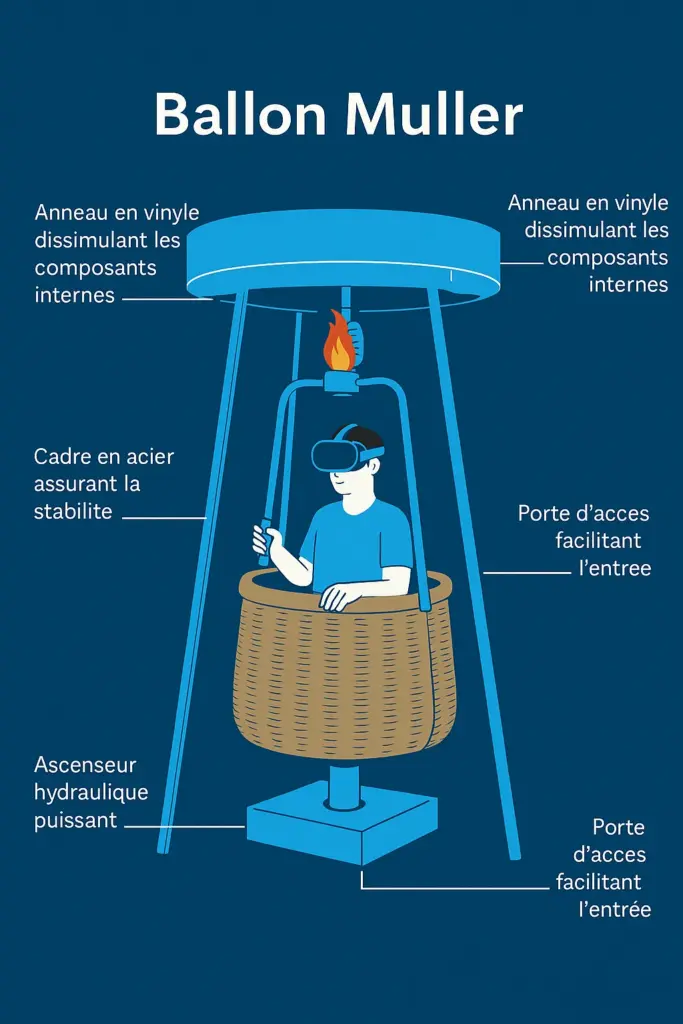 Schéma vectoriel étiqueté de la structure de la montgolfière Ballon Muller VR, montrant l'utilisateur dans la nacelle portant un casque VR avec des composants tels que le cadre en acier, l'anneau en vinyle, l'ascenseur hydraulique et le brûleur.