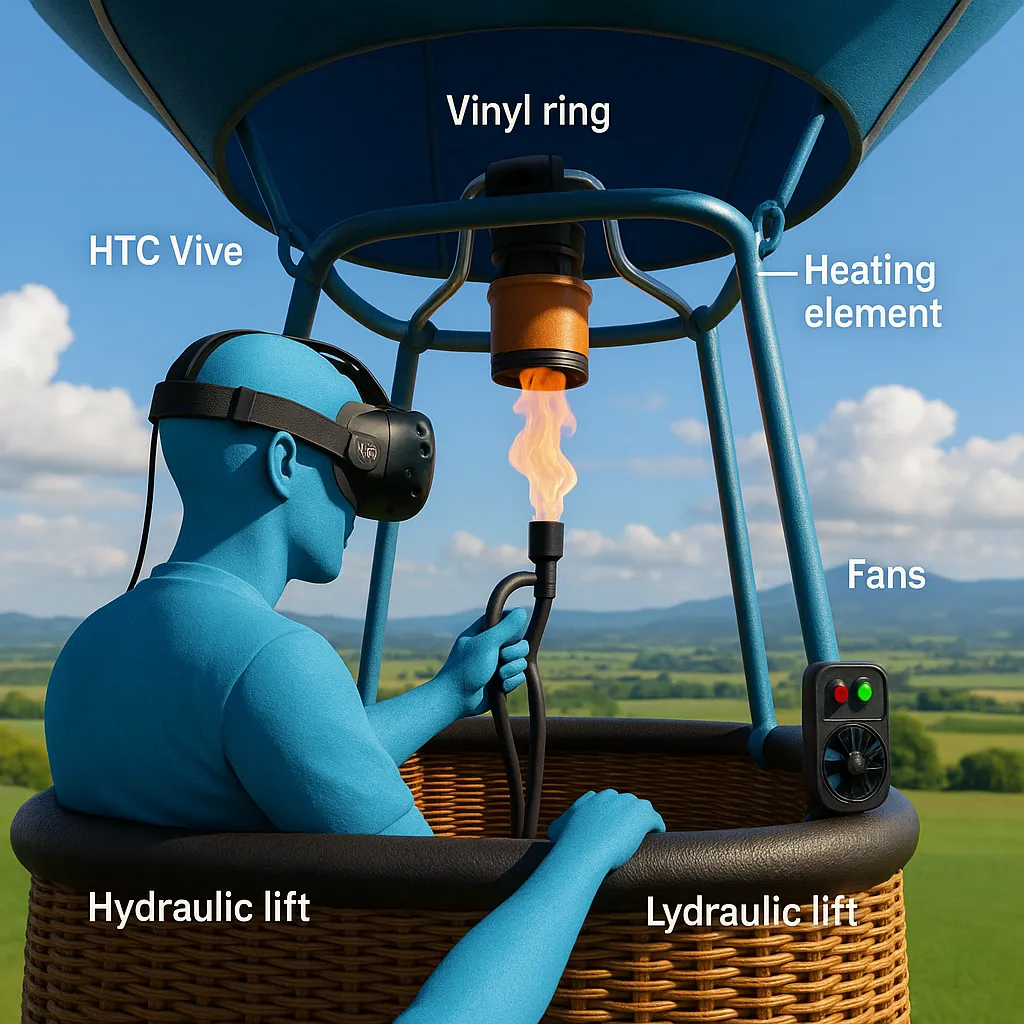 Une personne en 3D dans une nacelle de montgolfière en osier, portant un casque HTC Vive, contrôlant un brûleur VR avec une flamme visible et des composants étiquetés comme des ventilateurs, un anneau en vinyle et un système de levage hydraulique.