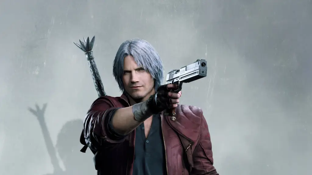 Dante from Devil May Cry 5 aiming a silver handgun with a confident look.