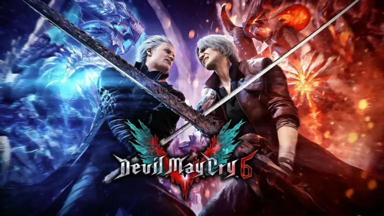 Dante and Vergil clashing swords in dramatic Devil May Cry 6 concept art.