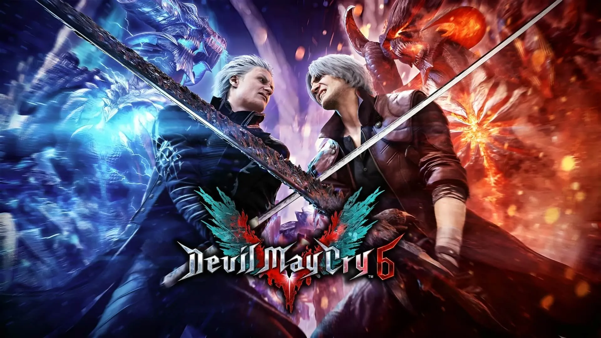 Dante and Vergil clashing swords in dramatic Devil May Cry 6 concept art.
