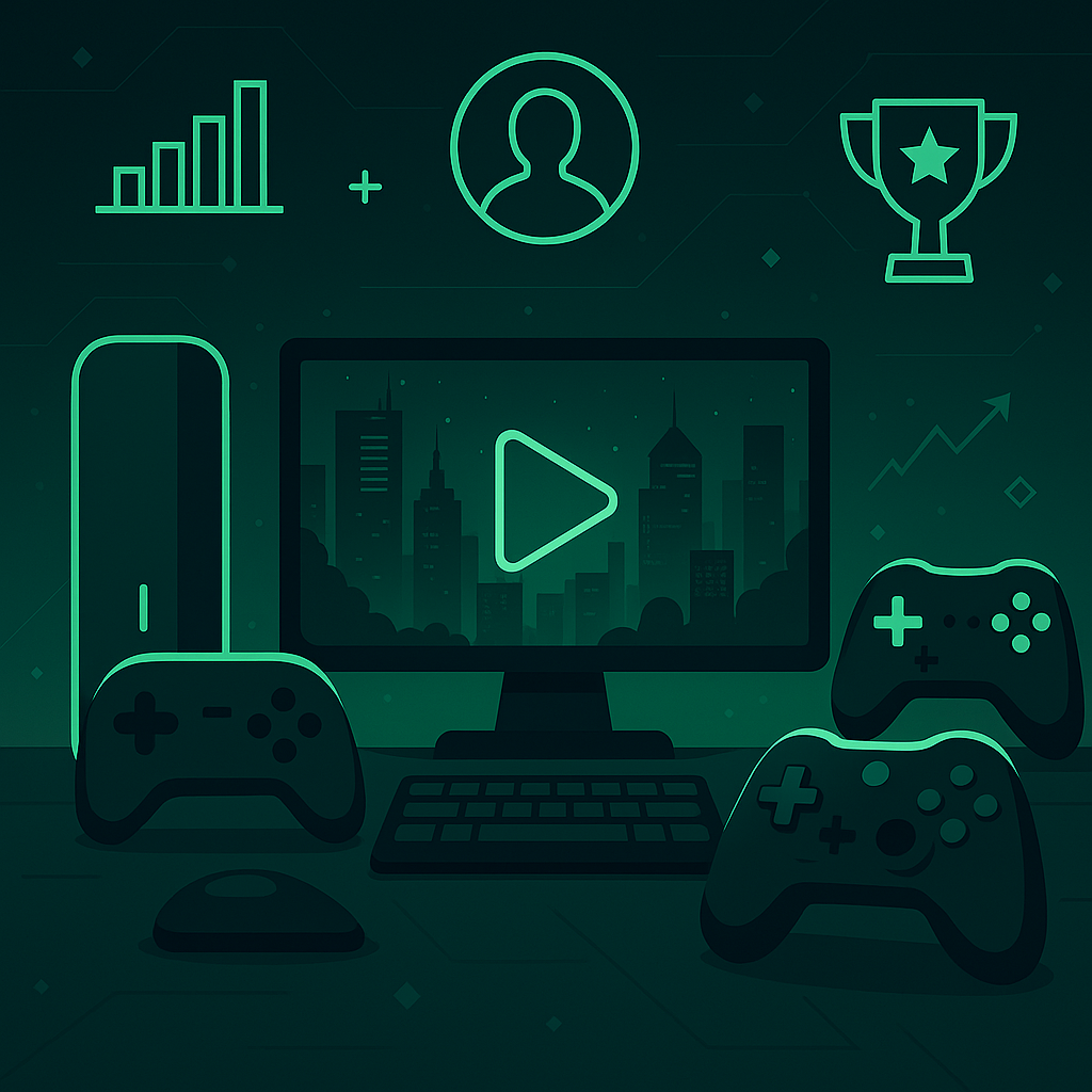 futuristic gaming desk setup with green neon icons, controllers, and cityscape on monitor
