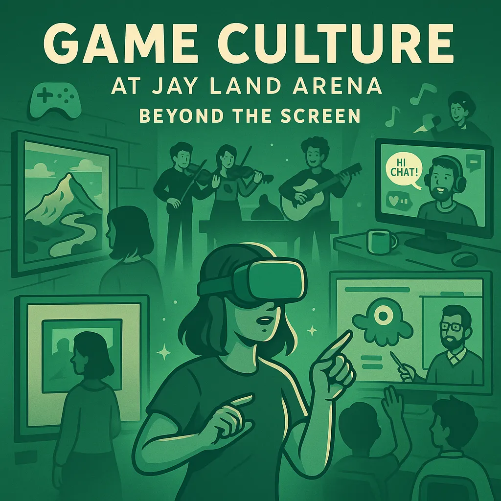 A digital illustration showing gamers interacting with art, music, and culture in a green-toned environment, symbolizing the global influence of video games.