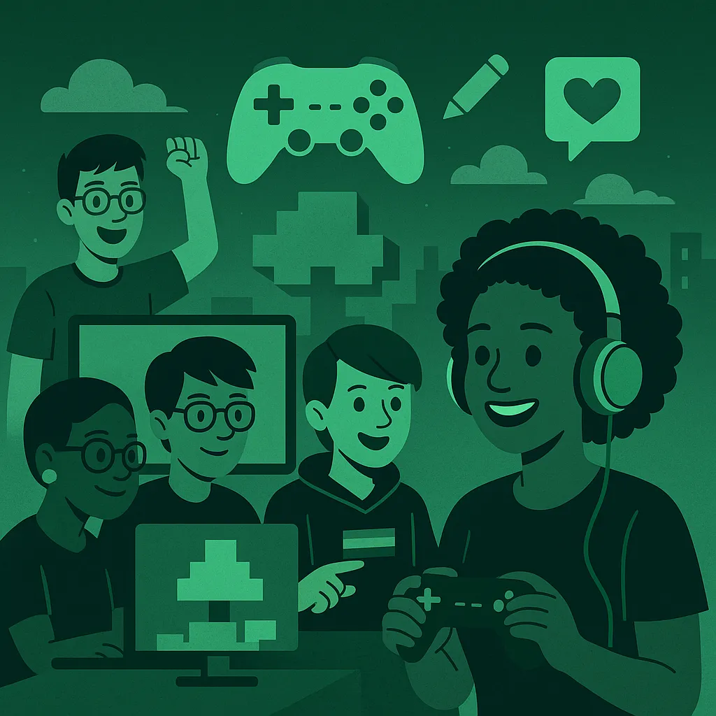 A digital illustration of diverse gamers engaging with each other in a green-toned environment, symbolizing collaboration, creativity, and representation in gaming communities.