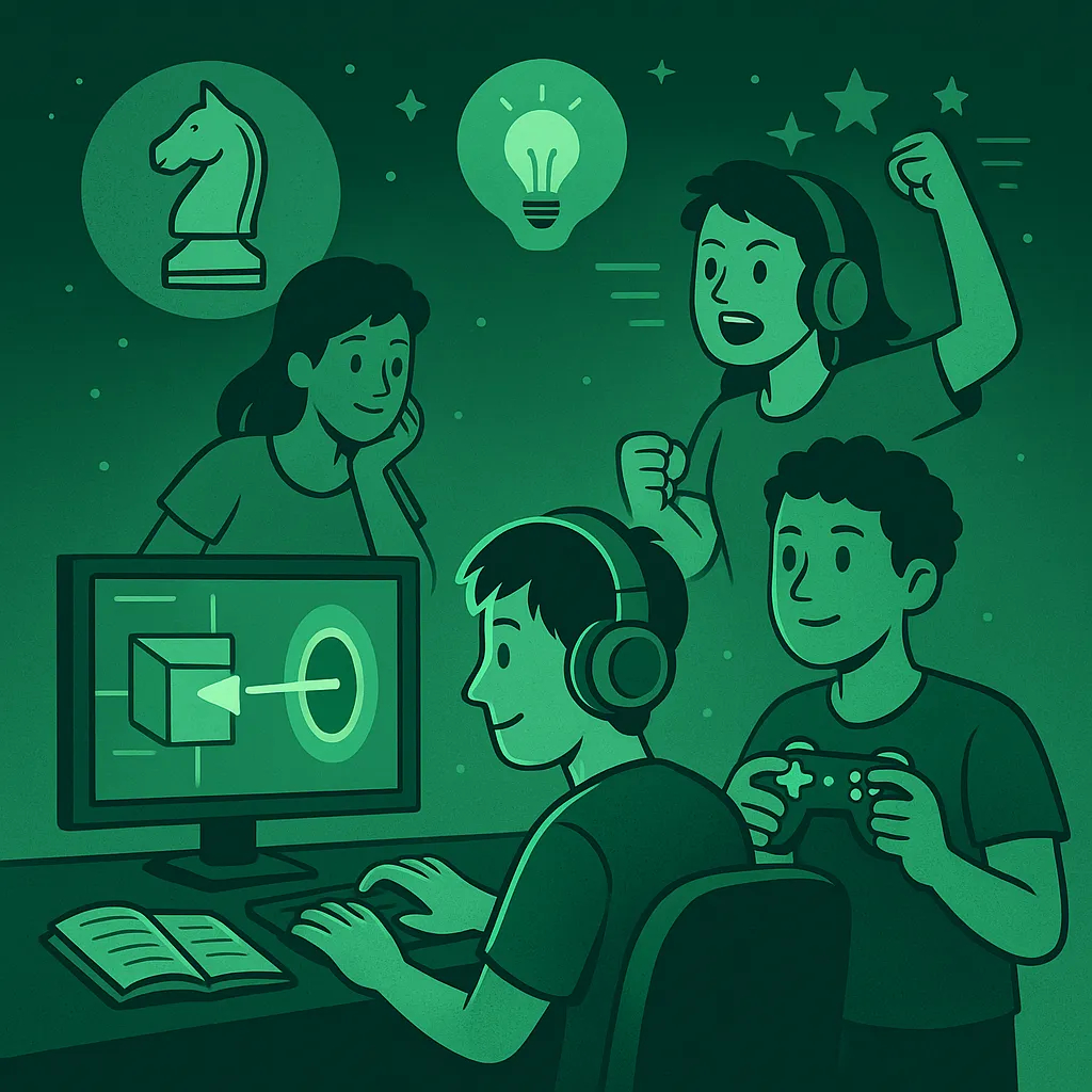 A green-toned digital illustration of gamers solving puzzles, collaborating, and learning, symbolizing the cognitive and educational benefits of video games.