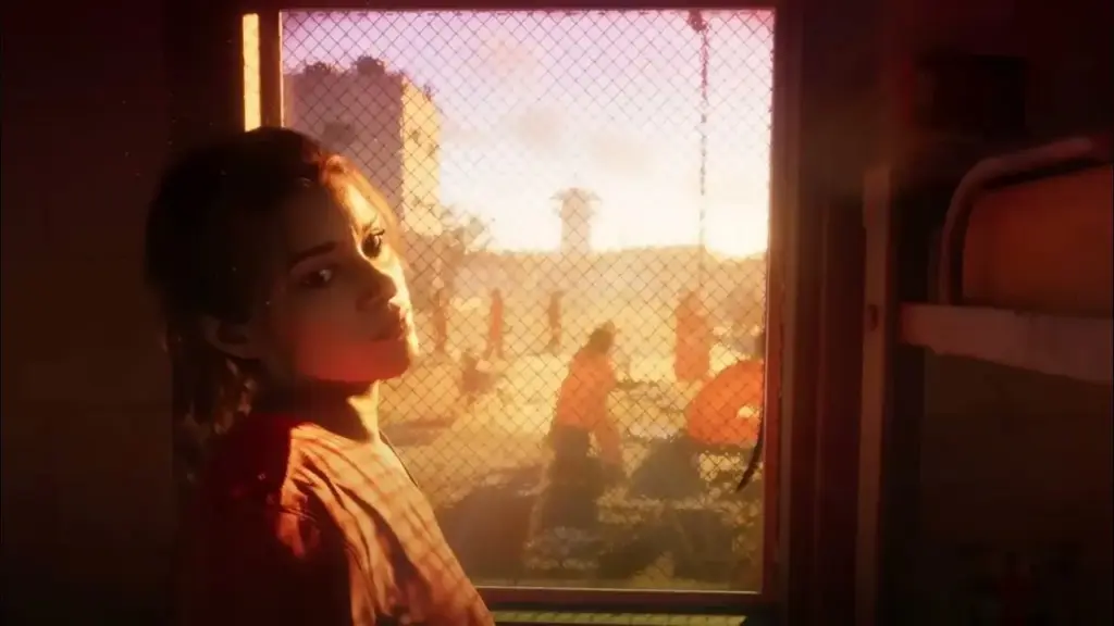 n-game screenshot of Lucia behind bars during sunset