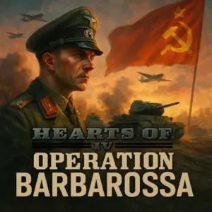 A stern German officer stands before a smoky battlefield with tanks and planes during Operation Barbarossa, as the Soviet flag waves in the background.