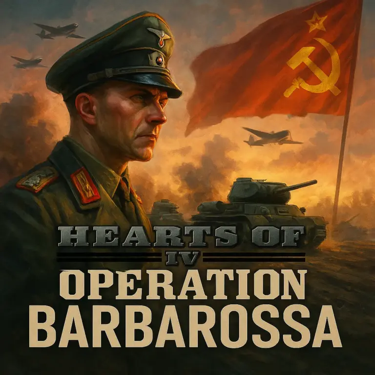 A stern German officer stands before a smoky battlefield with tanks and planes during Operation Barbarossa, as the Soviet flag waves in the background.