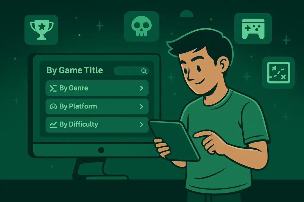 A young gamer uses a tablet while a screen behind displays filter options like genre, platform, and difficulty — illustrating smart navigation for game guides.