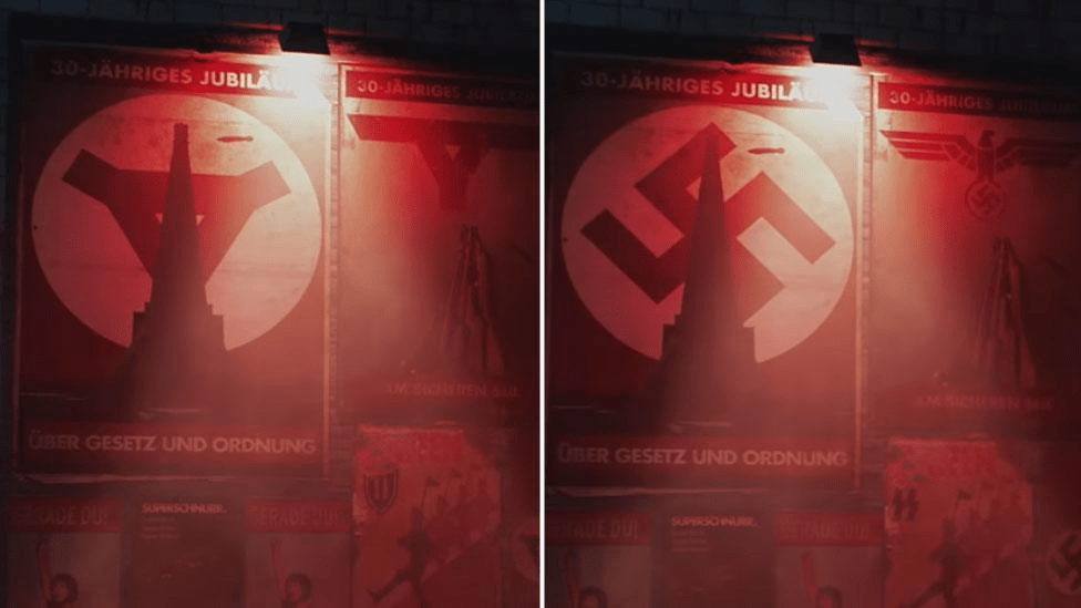 Player destroying Nazi symbols as an act of resistance in Wolfenstein