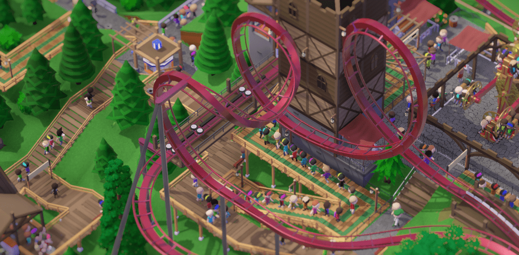 Theme park simulation games where players design and manage custom amusement parks