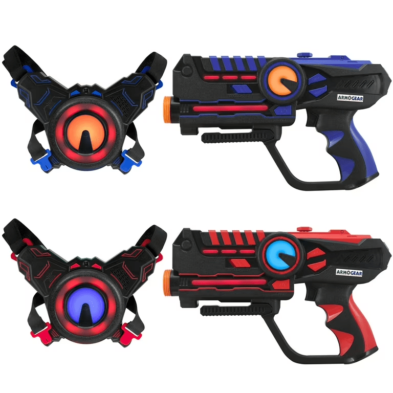 Laser game equipment showing infrared blasters and sensor vests used by players