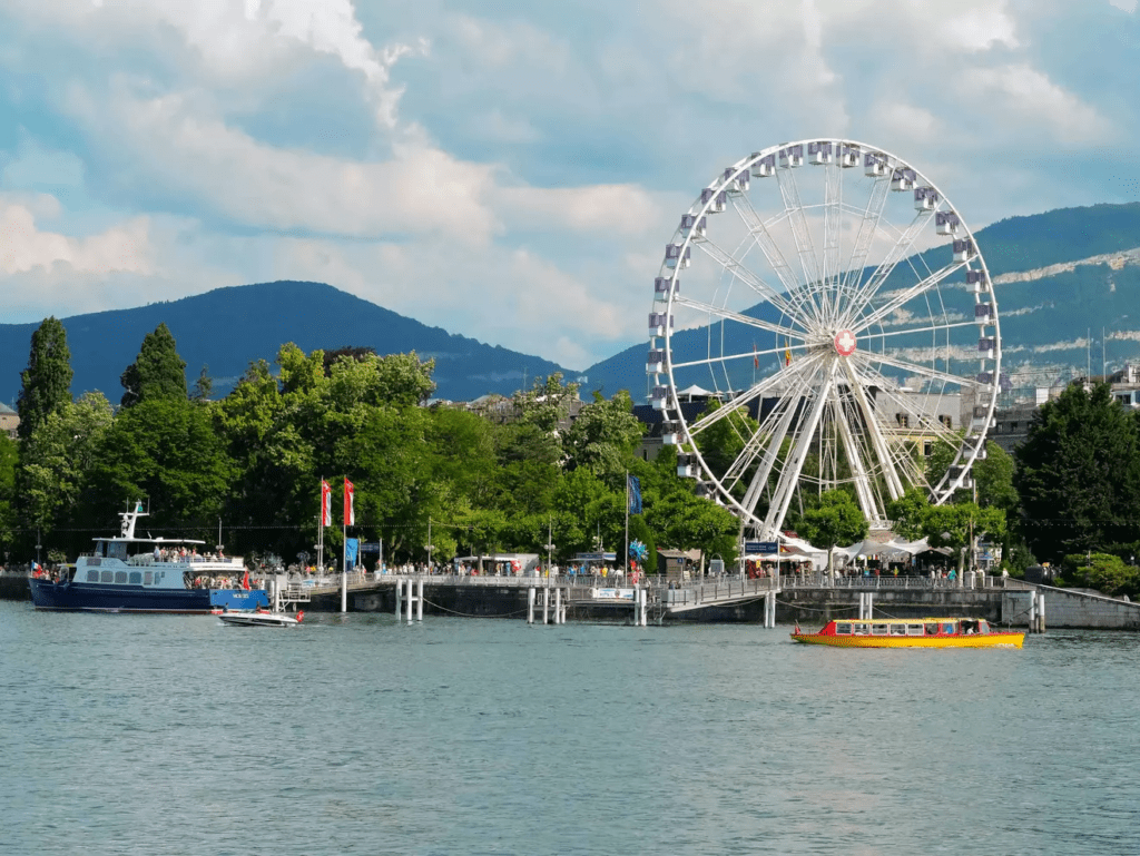 Lake Geneva promenade and nearby parks in Gland, Switzerland