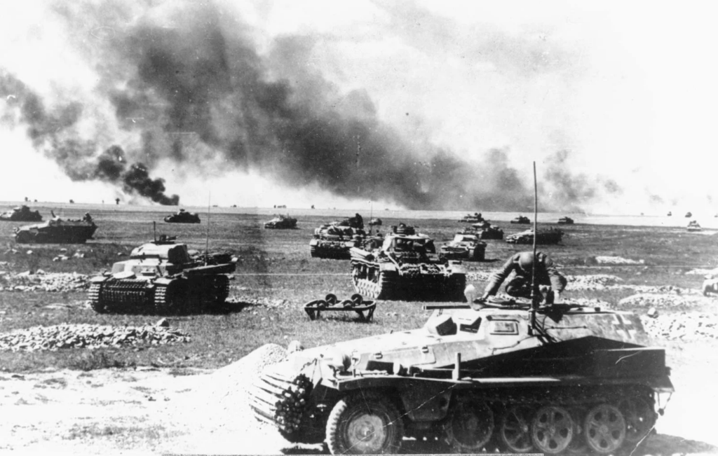 German Panzer and infantry units advancing during Operation Barbarossa