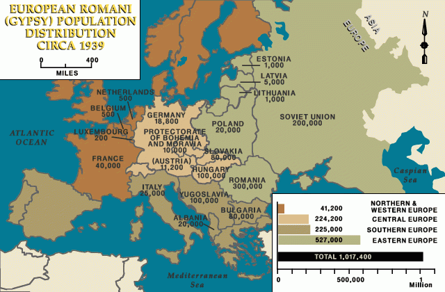 Map showing the distribution of Romani populations in Europe before World War II