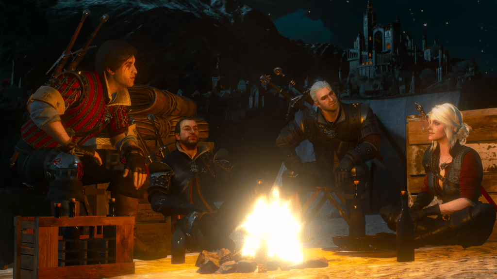 Campfire scene in The Witcher 3 evoking reflection and remembrance