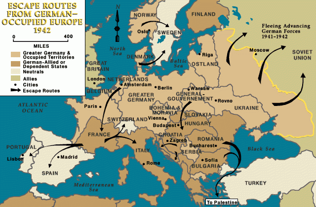 Map showing refugee escape routes across Europe during World War II