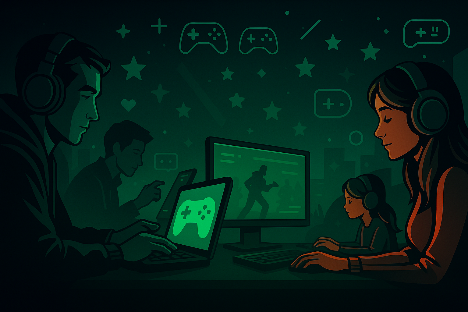 Homepage banner with neon-green lighting, showing diverse gamers playing on consoles, PC, and mobile against a gaming-themed background with icons and the title "Welcome to Jay Land Arena – Your Daily Drop of Gaming Power".