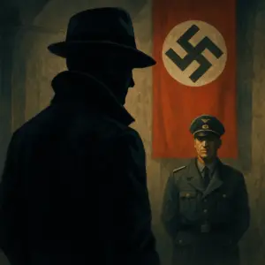 A mysterious man in a fedora confronts a Nazi officer in a dimly lit room with a swastika banner on the wall.