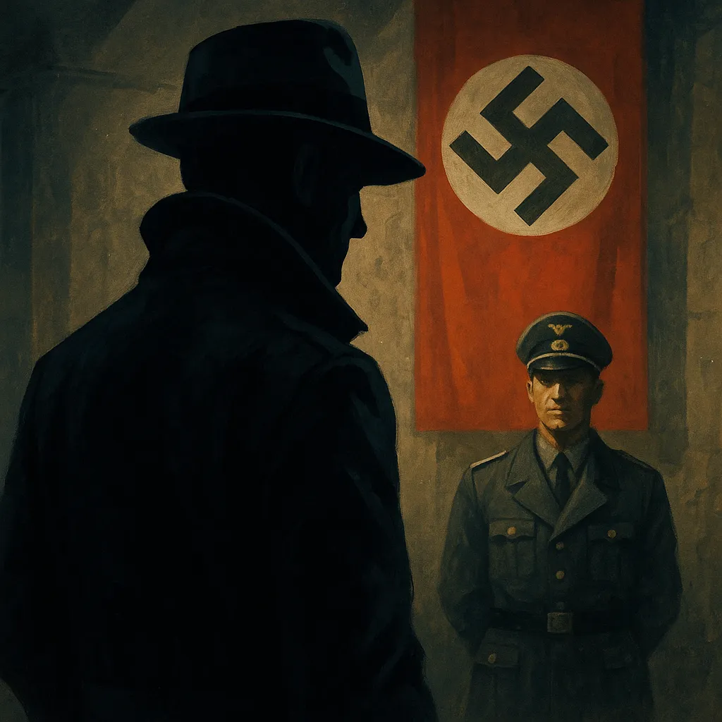 A mysterious man in a fedora confronts a Nazi officer in a dimly lit room with a swastika banner on the wall.