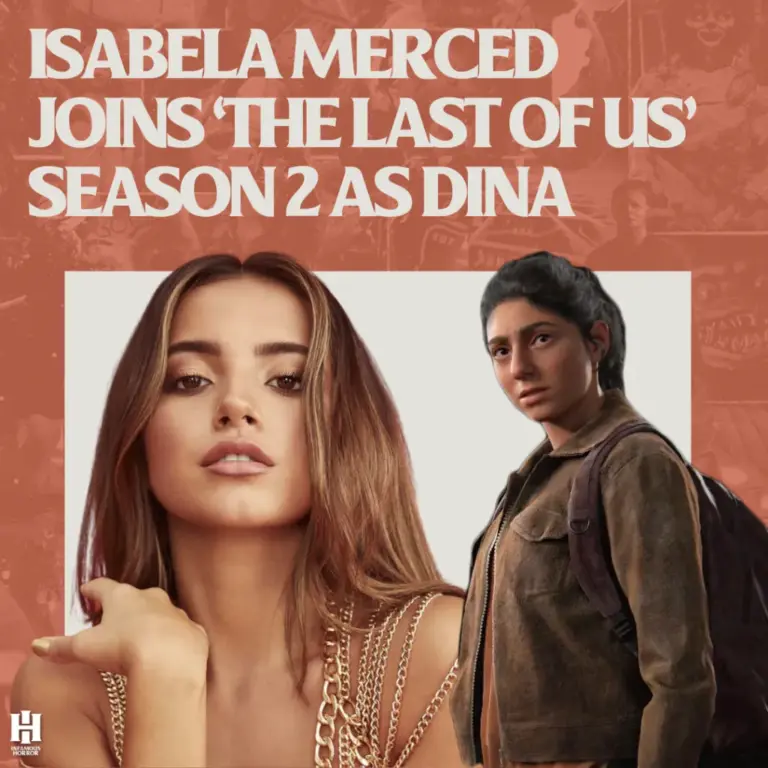 Isabela Merced next to her character Dina from The Last of Us Season 2