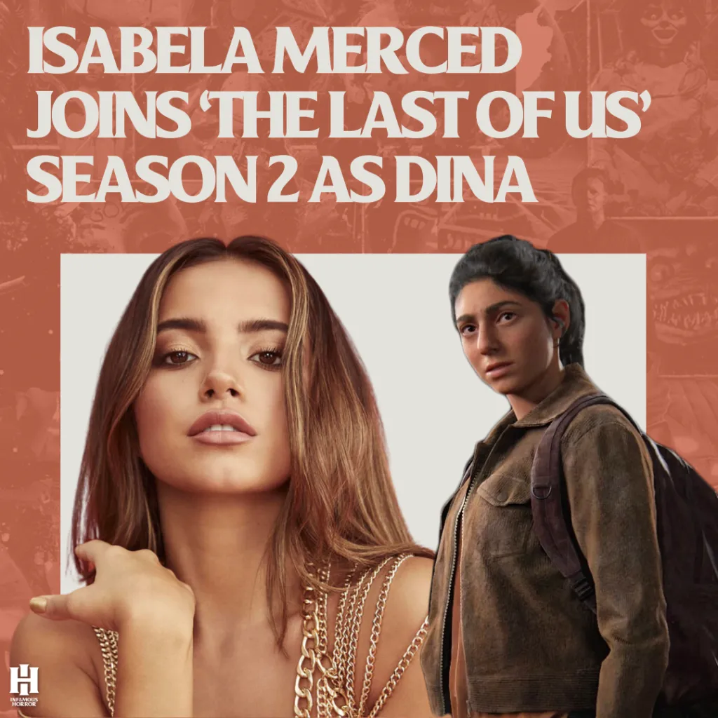 Isabela Merced next to her character Dina from The Last of Us Season 2