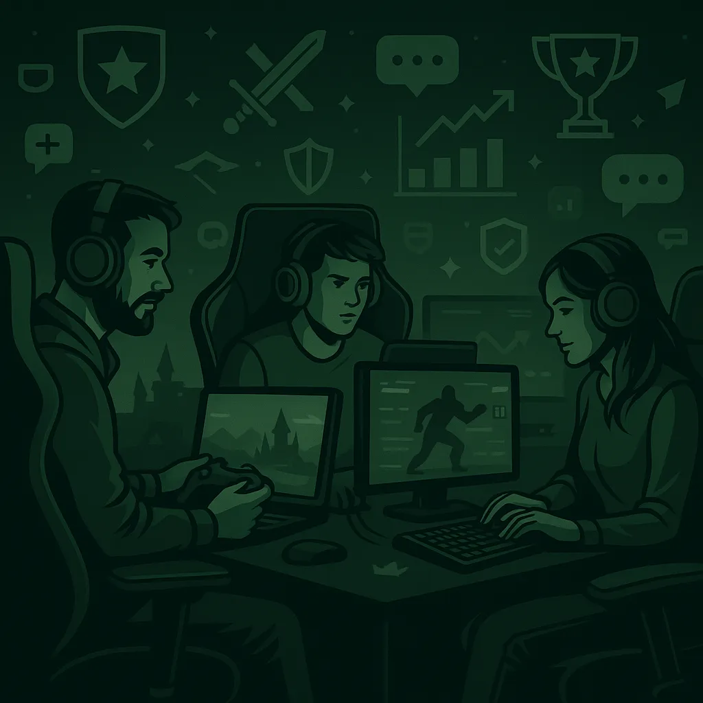 Three gamers immersed in different gaming genres, seated at monitors in a dark green room filled with symbols like trophies, graphs, and chat bubbles.