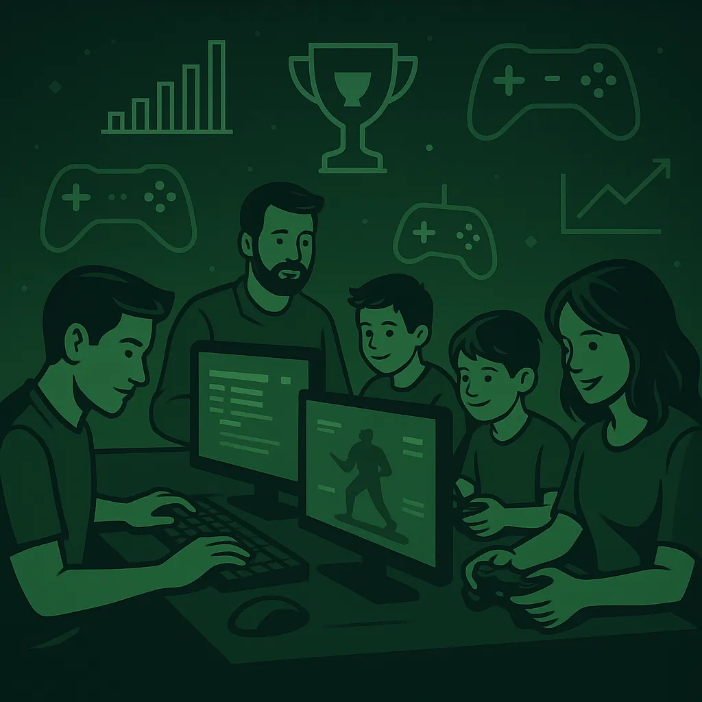 A group of people collaborating and gaming at computers, surrounded by icons like game controllers and trophies, in a green digital illustration style.
