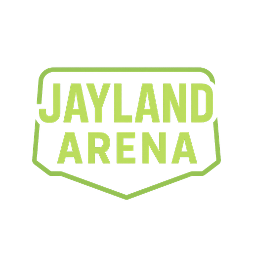 Jayland Arena neon-style logo in green tones, with bold uppercase text and a modern shield-shaped outline, designed to match a dark green website theme.