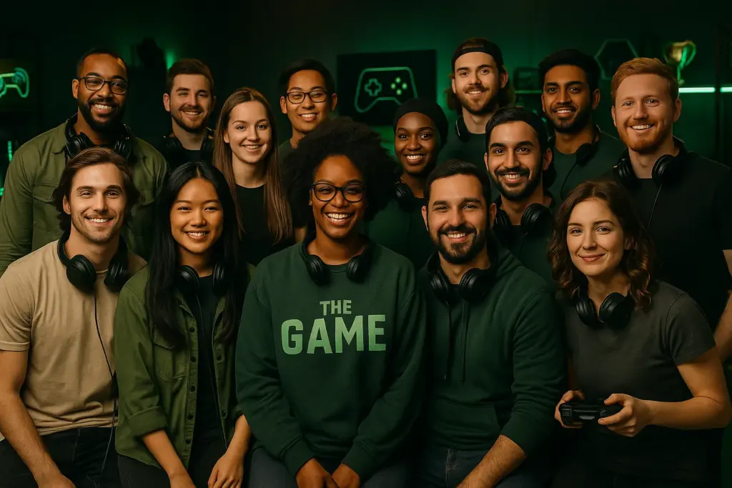 Twelve diverse Jay Land Arena team members standing together in a gaming studio, smiling and surrounded by green LED accents and gaming equipment.