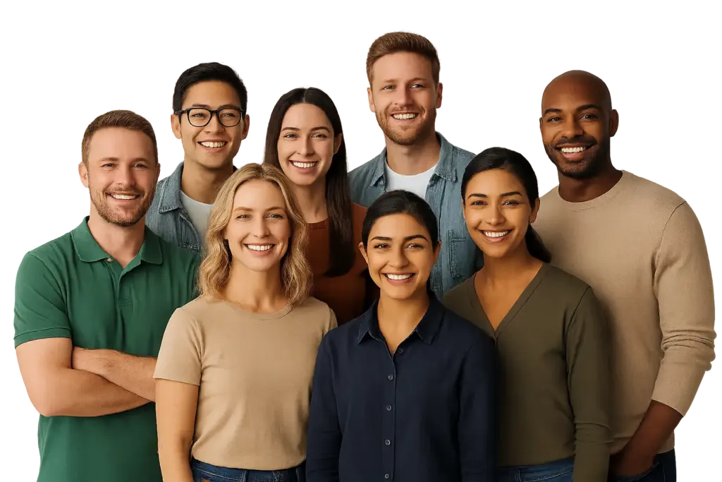 Seven diverse team members standing together and smiling, dressed casually, with a clean neutral background suitable for overlay or site integration.