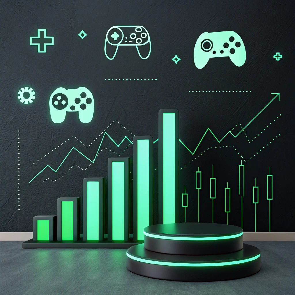 Futuristic gaming chart and bar graph background with neon green controller icons, representing growth and insights on a dark textured wall.