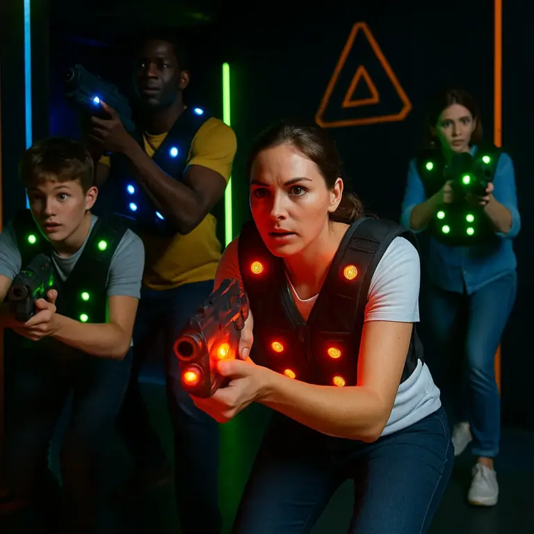 A group of four players in glowing vests and holding laser guns, fully immersed in a neon-lit laser tag arena in Gland, Switzerland.