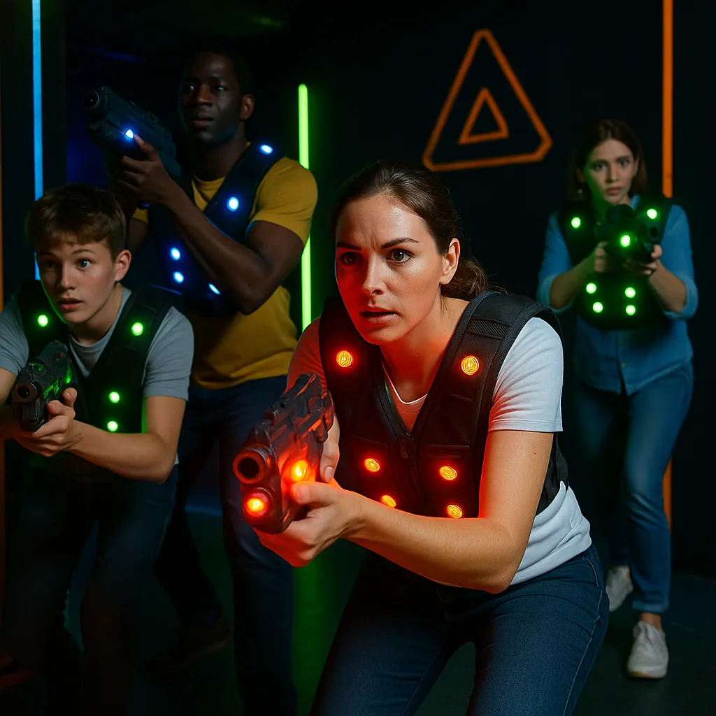 A group of four players in glowing vests and holding laser guns, fully immersed in a neon-lit laser tag arena in Gland, Switzerland.