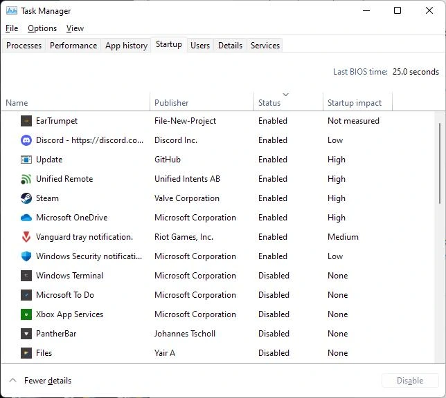 Task Manager Startup tab showing Last BIOS Time and startup impact.