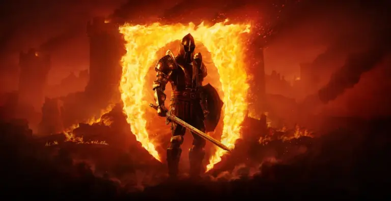 Armored knight standing in fire from Oblivion Remastered artwork