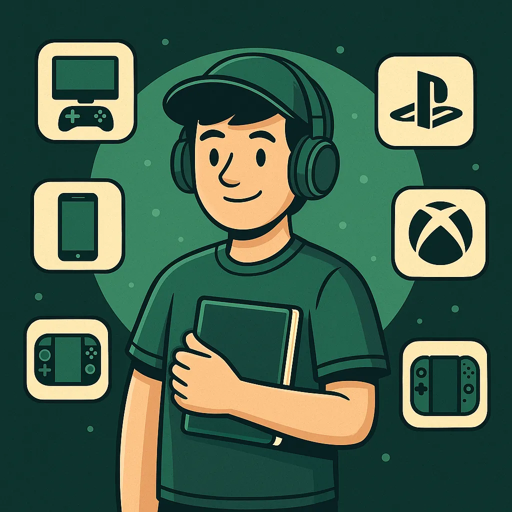 A young gamer in green stands confidently with a tablet, surrounded by icons representing PC, PlayStation, Xbox, Nintendo Switch, Steam Deck, and mobile platforms