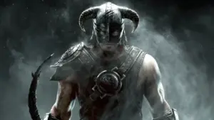 Dragonborn warrior in horned helmet standing in mist from The Elder Scrolls V: Skyrim.