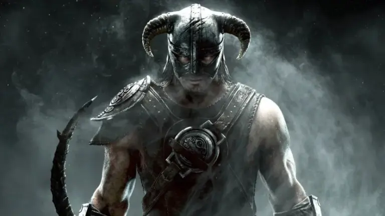 Dragonborn warrior in horned helmet standing in mist from The Elder Scrolls V: Skyrim.
