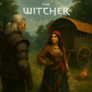 Geralt of Rivia stands before a tsigane woman near a colorful gypsy caravan in the countryside, reflecting themes of nomadism and cultural identity.