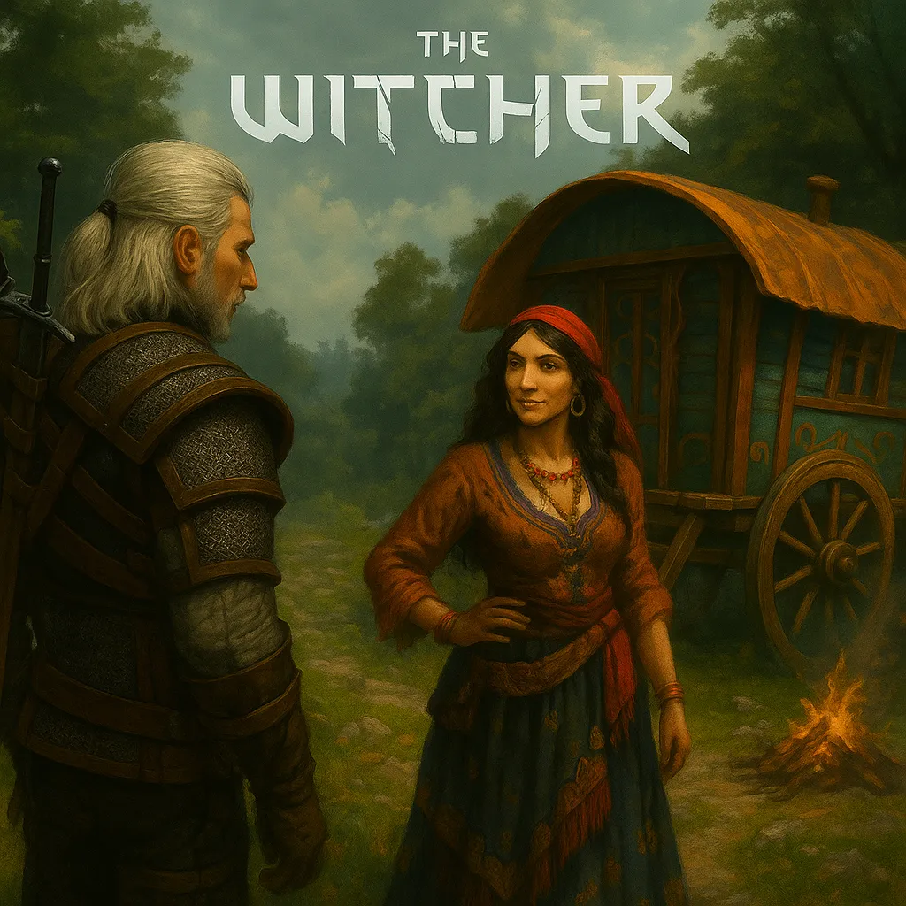 Geralt of Rivia stands before a tsigane woman near a colorful gypsy caravan in the countryside, reflecting themes of nomadism and cultural identity.