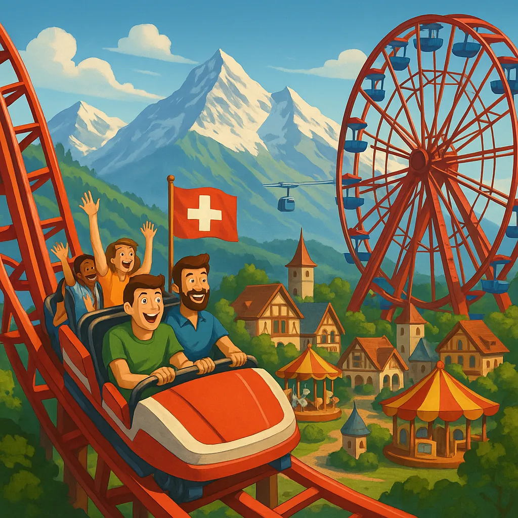 A joyful roller coaster scene set in a Swiss alpine amusement park, featuring snowy mountains, a red Ferris wheel, cable cars, and traditional village houses.