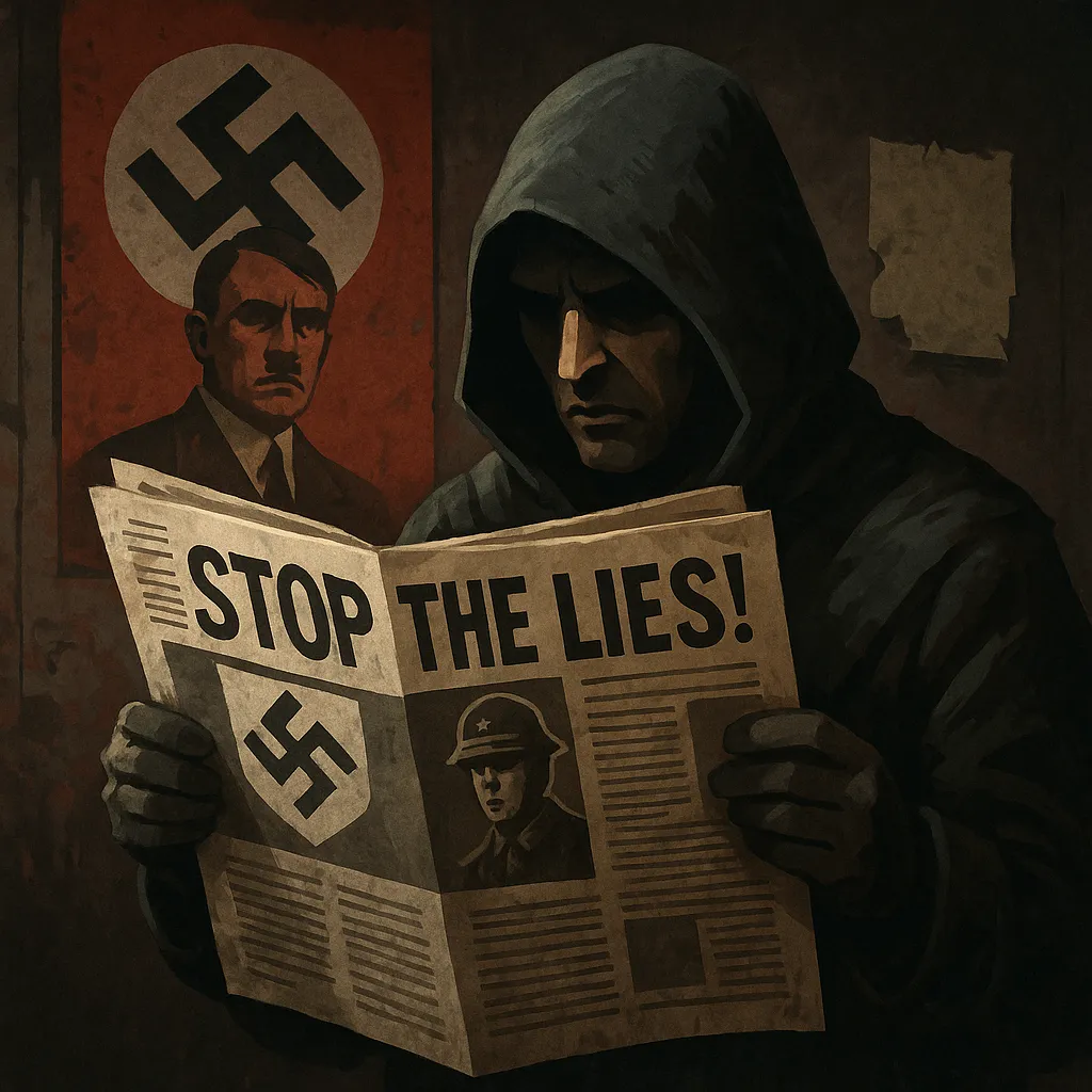 A hooded resistance fighter in Nazi Germany reads a newspaper with the headline "STOP THE LIES!" in front of a wall with Nazi propaganda posters.